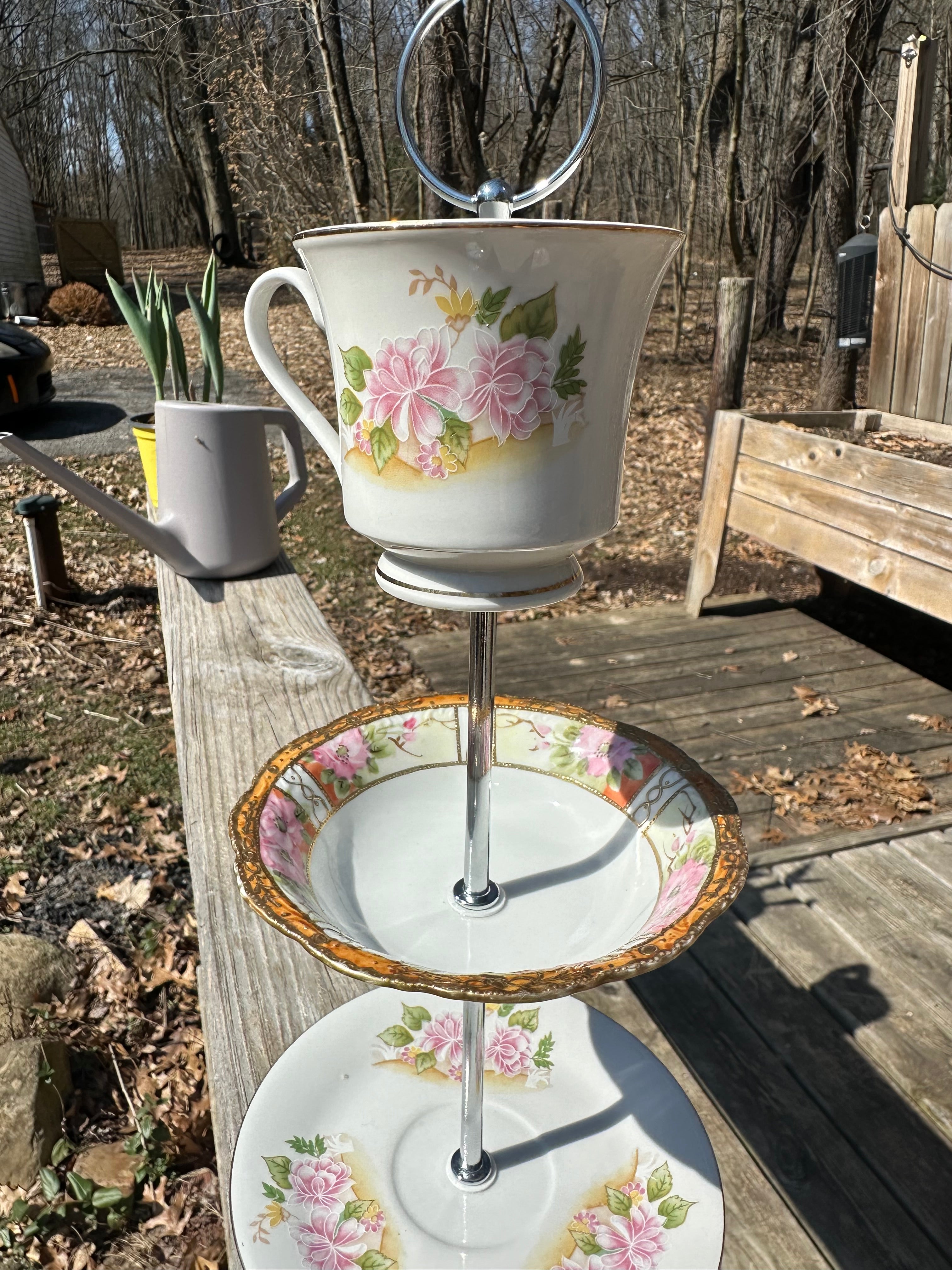 Handcrafted Porcelain Fine China Bird Feeder Hanging Teacup Antique Pink Gold