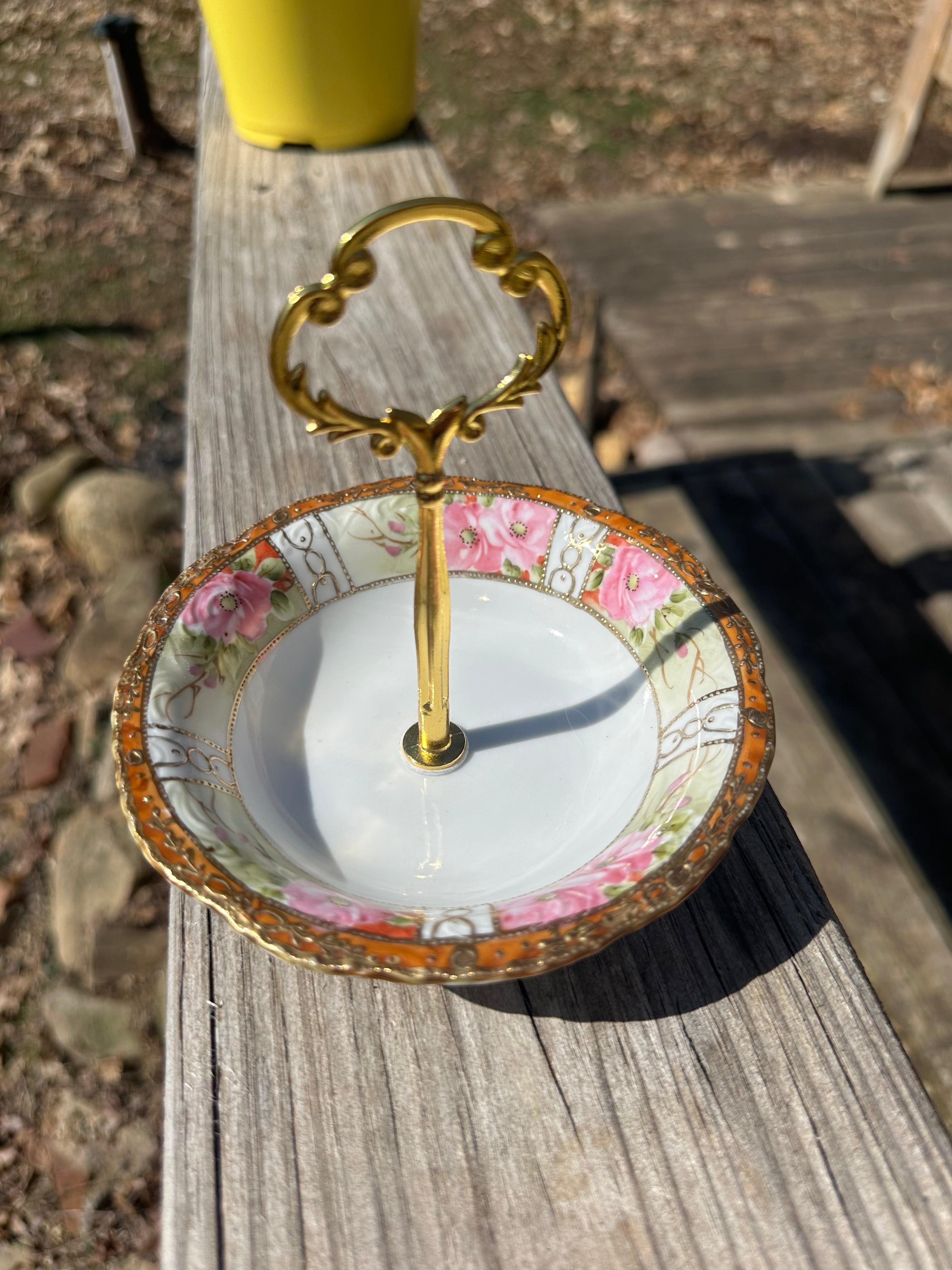 Handcrafted Porcelain Key Tray Ring Tray Vanity Tray Candy Dish Pink Floral Gold