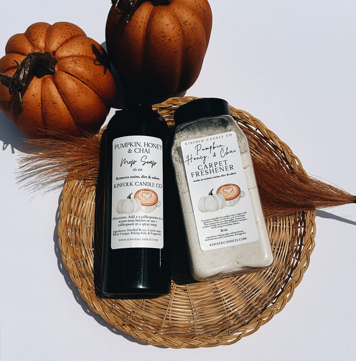 Cozy Fall Mop Soap & Carpet Freshener Bundle – Pumpkin, Spiced Chai, Autumn Scents – Strong, Warm, Seasonal Cleaning Gift Set