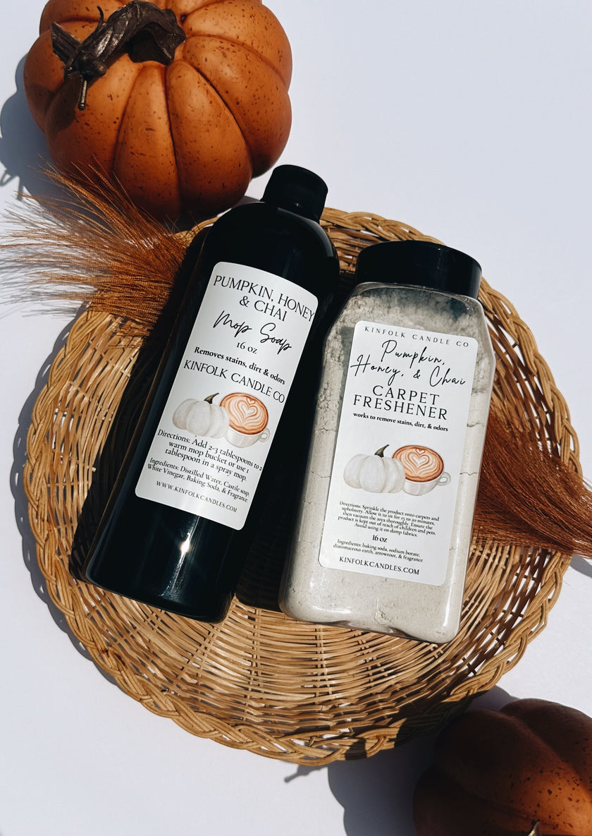 Cozy Fall Mop Soap & Carpet Freshener Bundle – Pumpkin, Spiced Chai, Autumn Scents – Strong, Warm, Seasonal Cleaning Gift Set