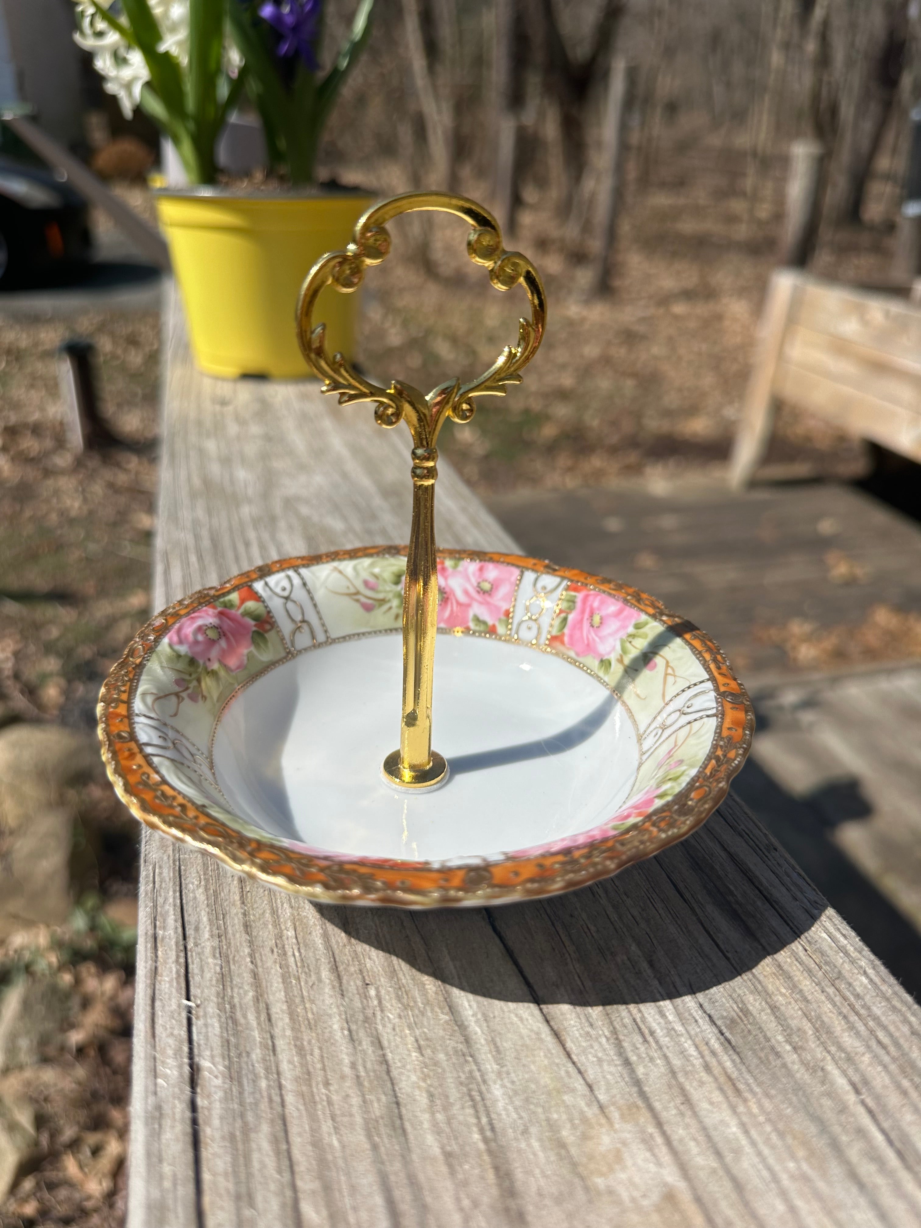 Handcrafted Porcelain Key Tray Ring Tray Vanity Tray Candy Dish Pink Floral Gold