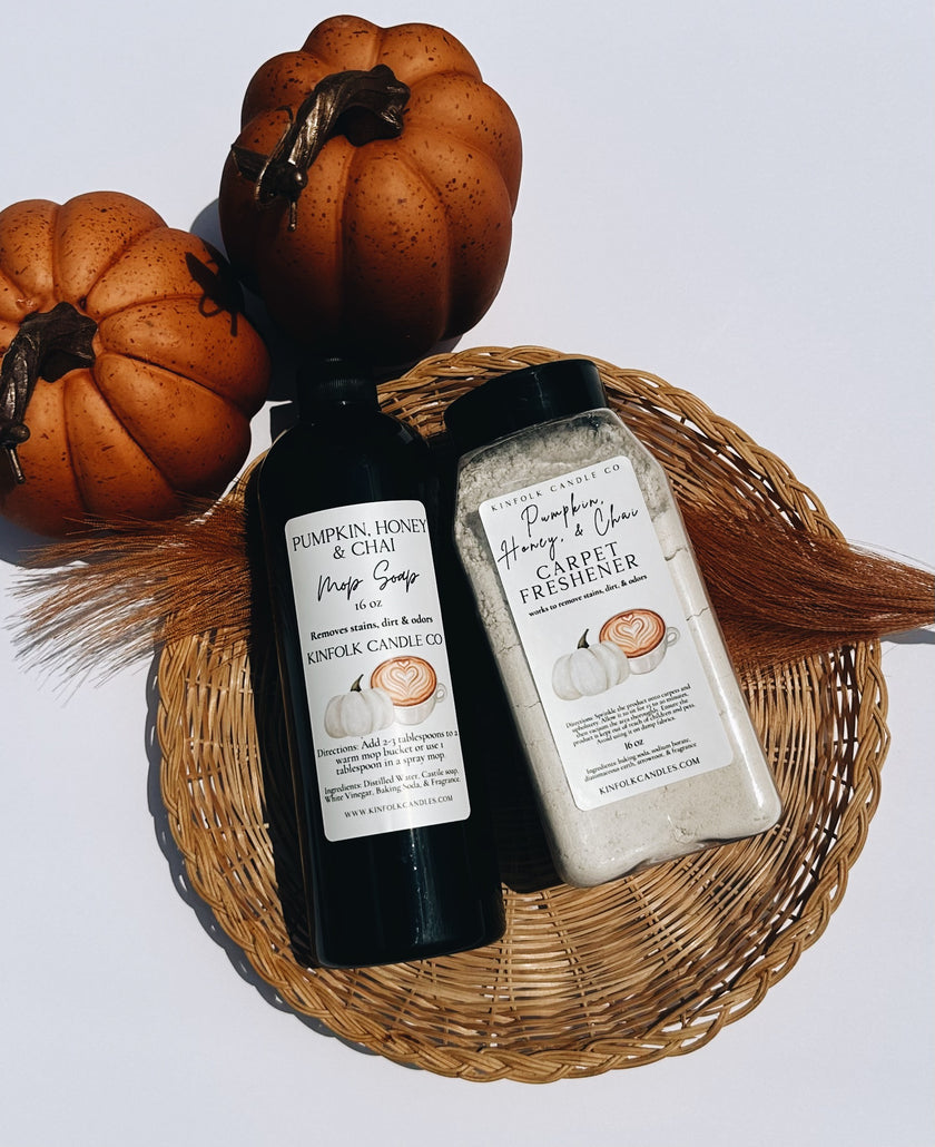 Cozy Fall Mop Soap & Carpet Freshener Bundle – Pumpkin, Spiced Chai, Autumn Scents – Strong, Warm, Seasonal Cleaning Gift Set