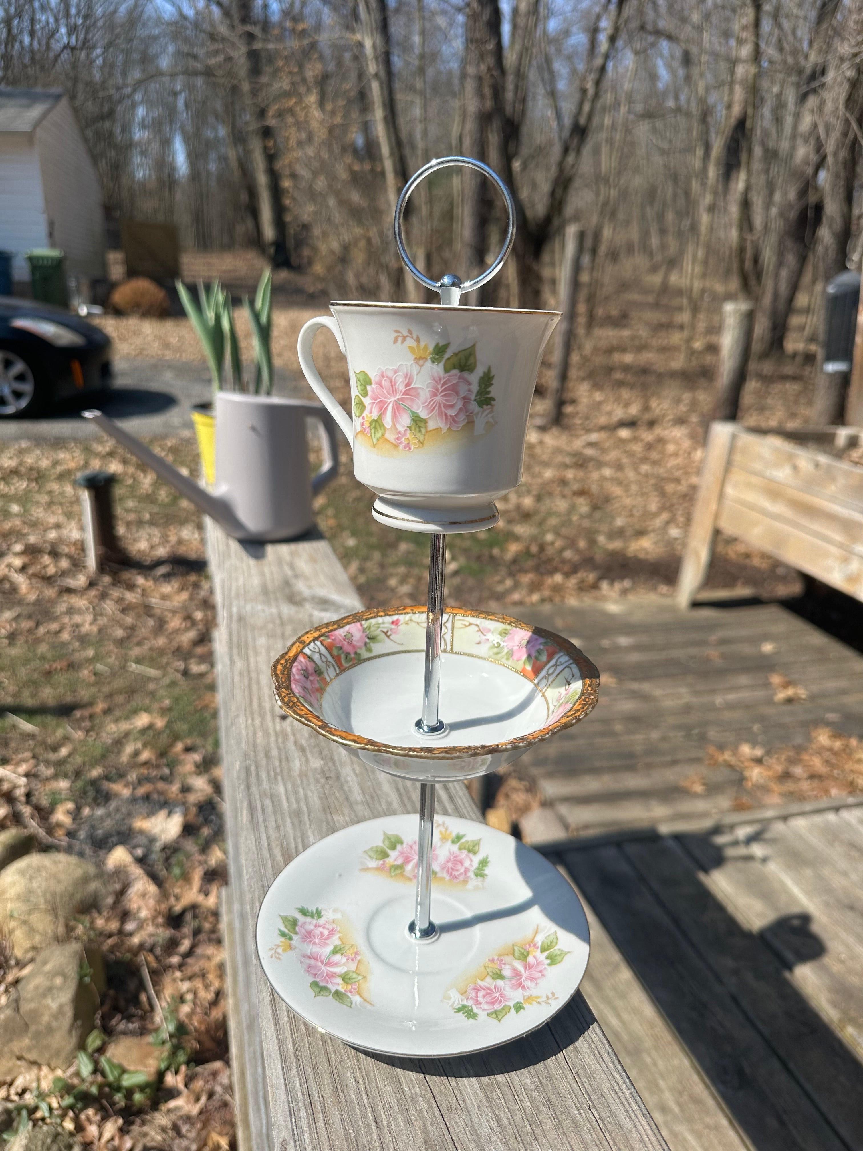 Handcrafted Porcelain Fine China Bird Feeder Hanging Teacup Antique Pink Gold