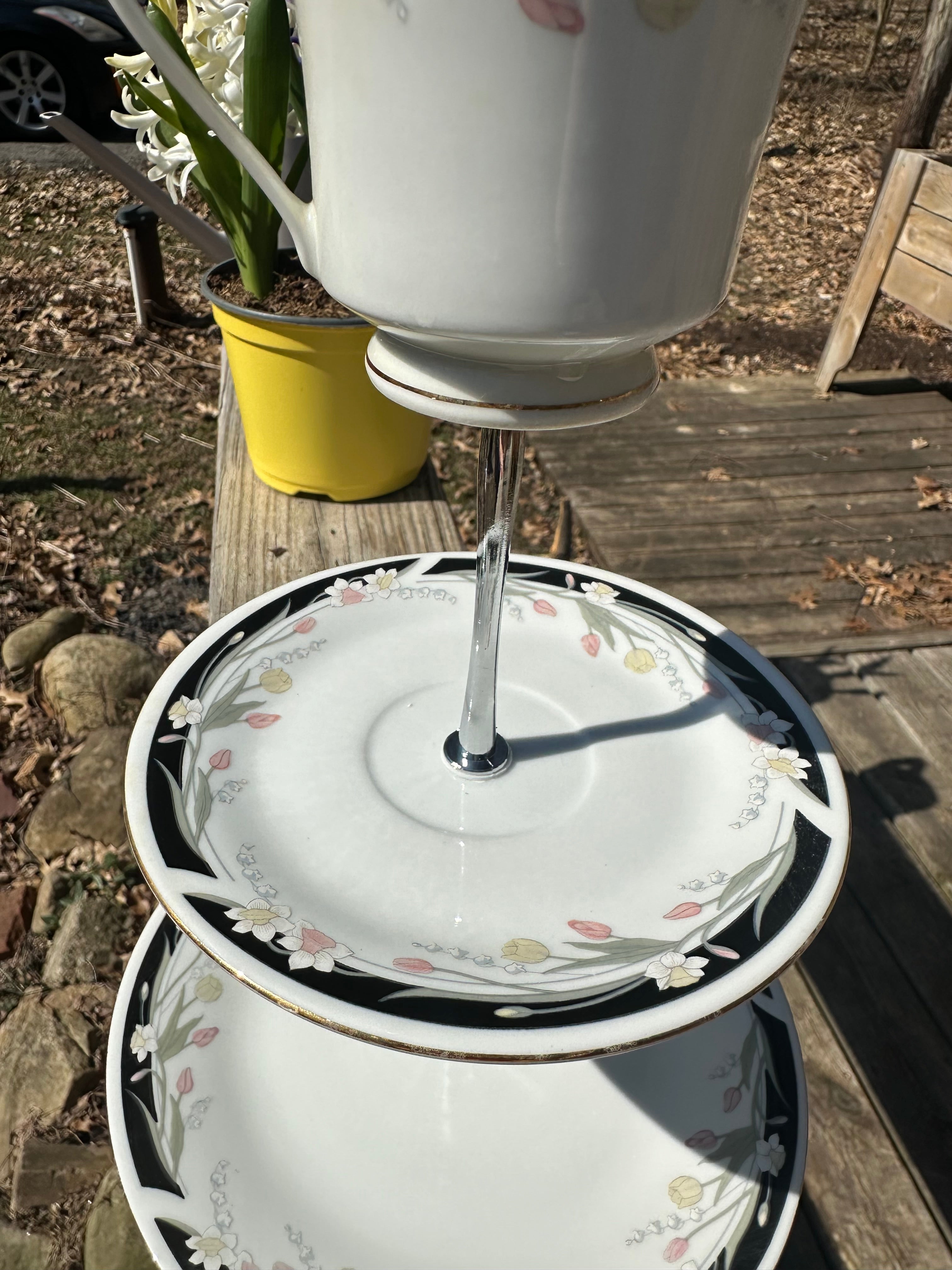 Handcrafted Porcelain Fine China Bird Feeder Hanging Teacup Black White Tulips
