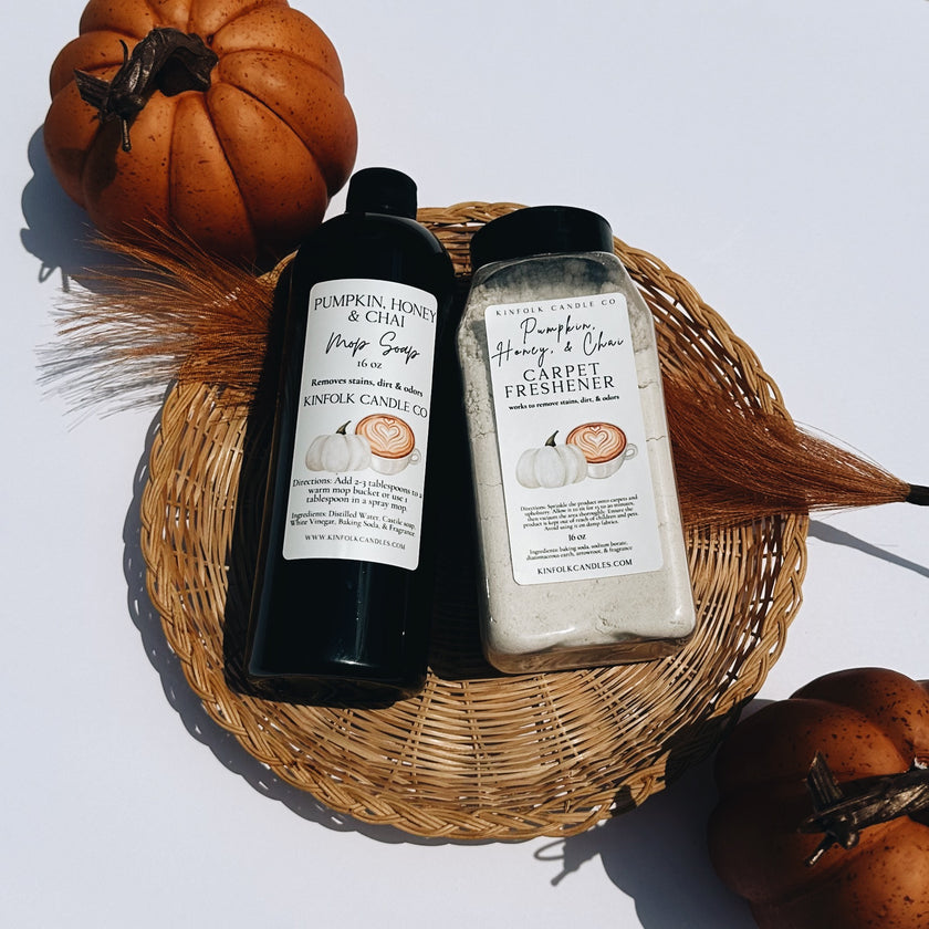 Cozy Fall Mop Soap & Carpet Freshener Bundle – Pumpkin, Spiced Chai, Autumn Scents – Strong, Warm, Seasonal Cleaning Gift Set