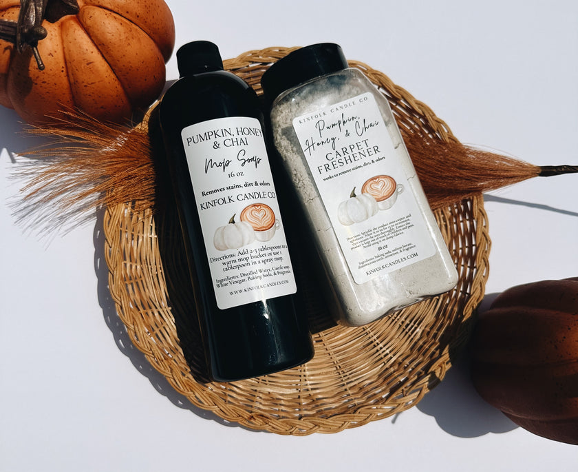 Cozy Fall Mop Soap & Carpet Freshener Bundle – Pumpkin, Spiced Chai, Autumn Scents – Strong, Warm, Seasonal Cleaning Gift Set