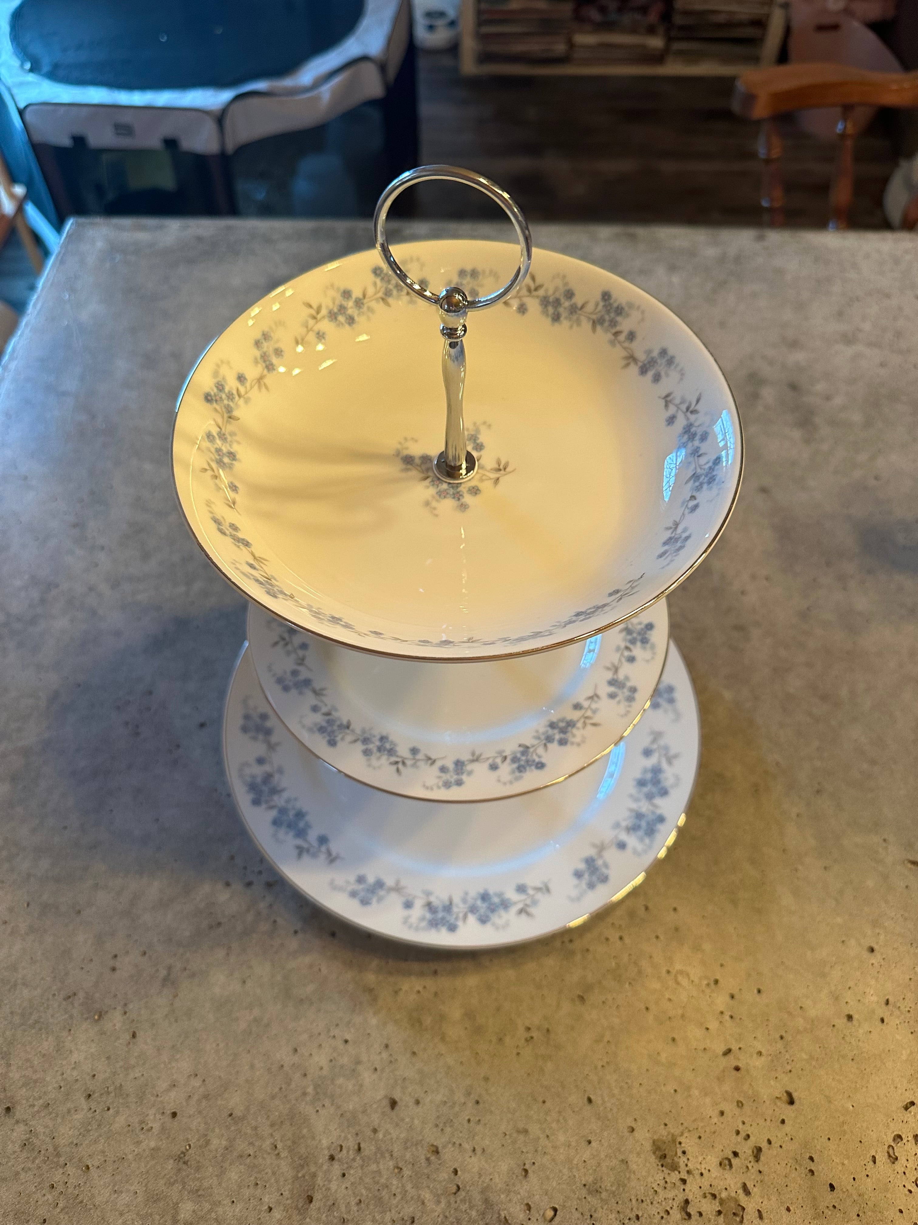 Blue & White Floral Fine China 3 Tiered Tea Tray