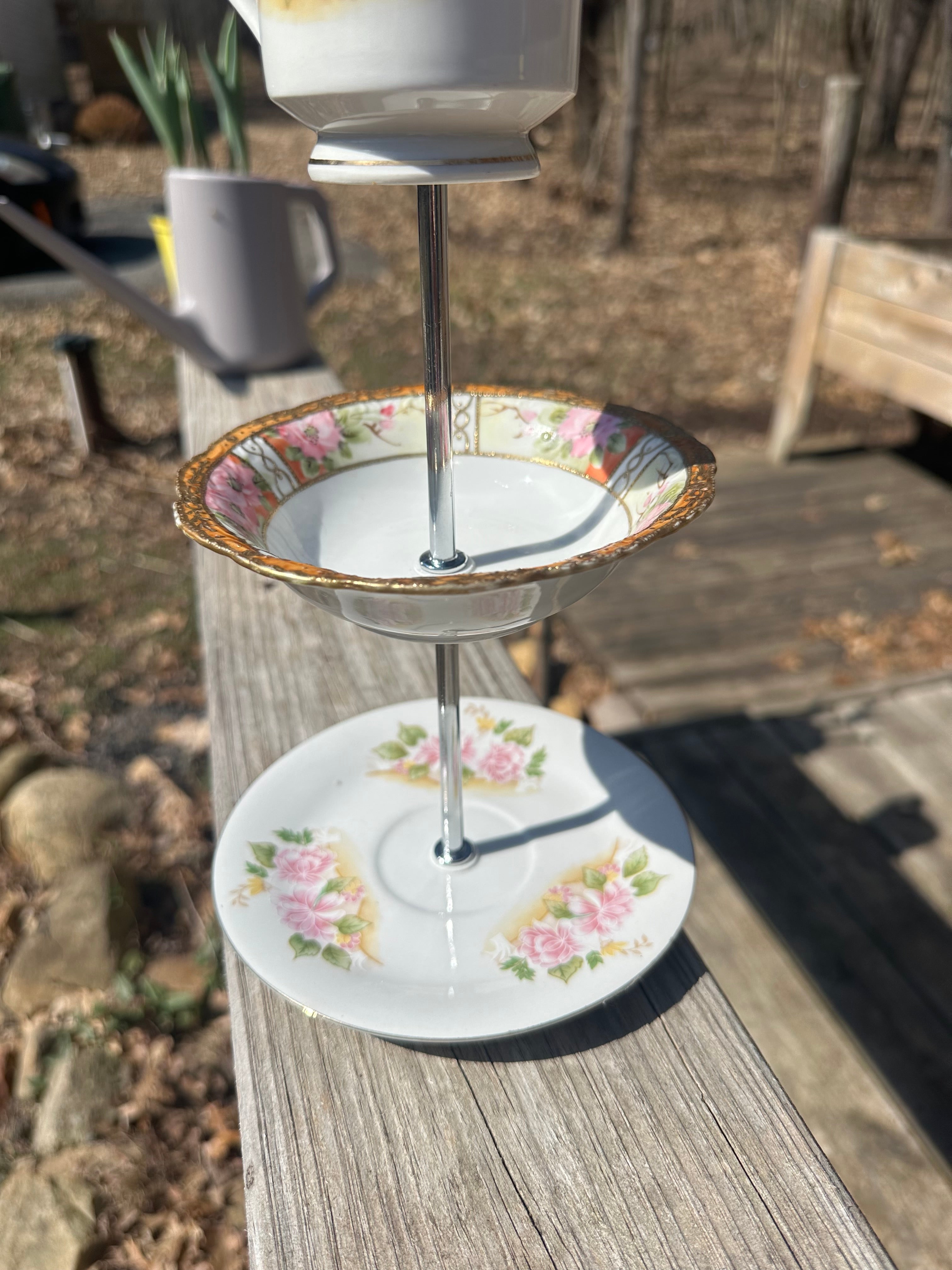 Handcrafted Porcelain Fine China Bird Feeder Hanging Teacup Antique Pink Gold