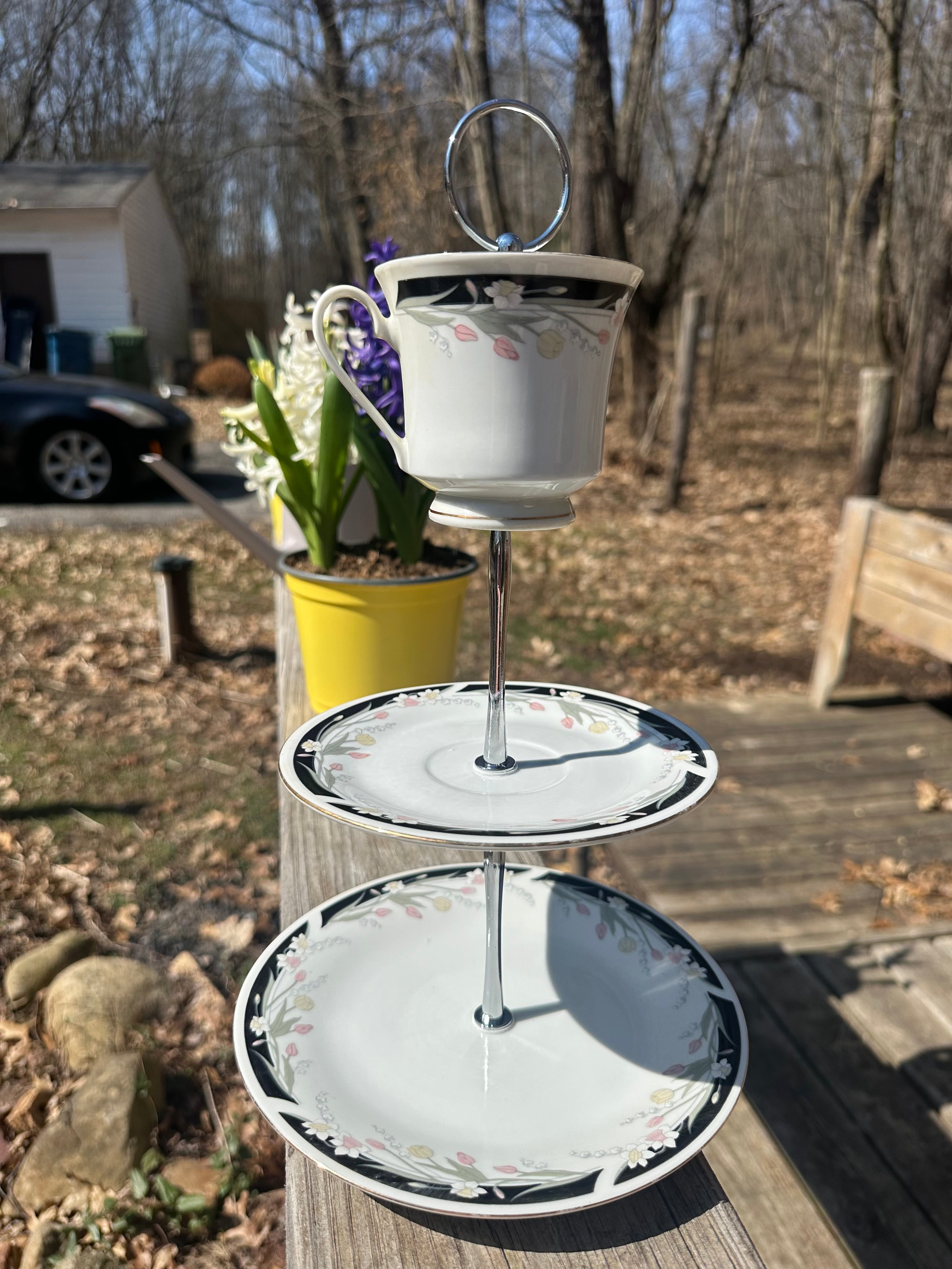 Handcrafted Porcelain Fine China Bird Feeder Hanging Teacup Black White Tulips