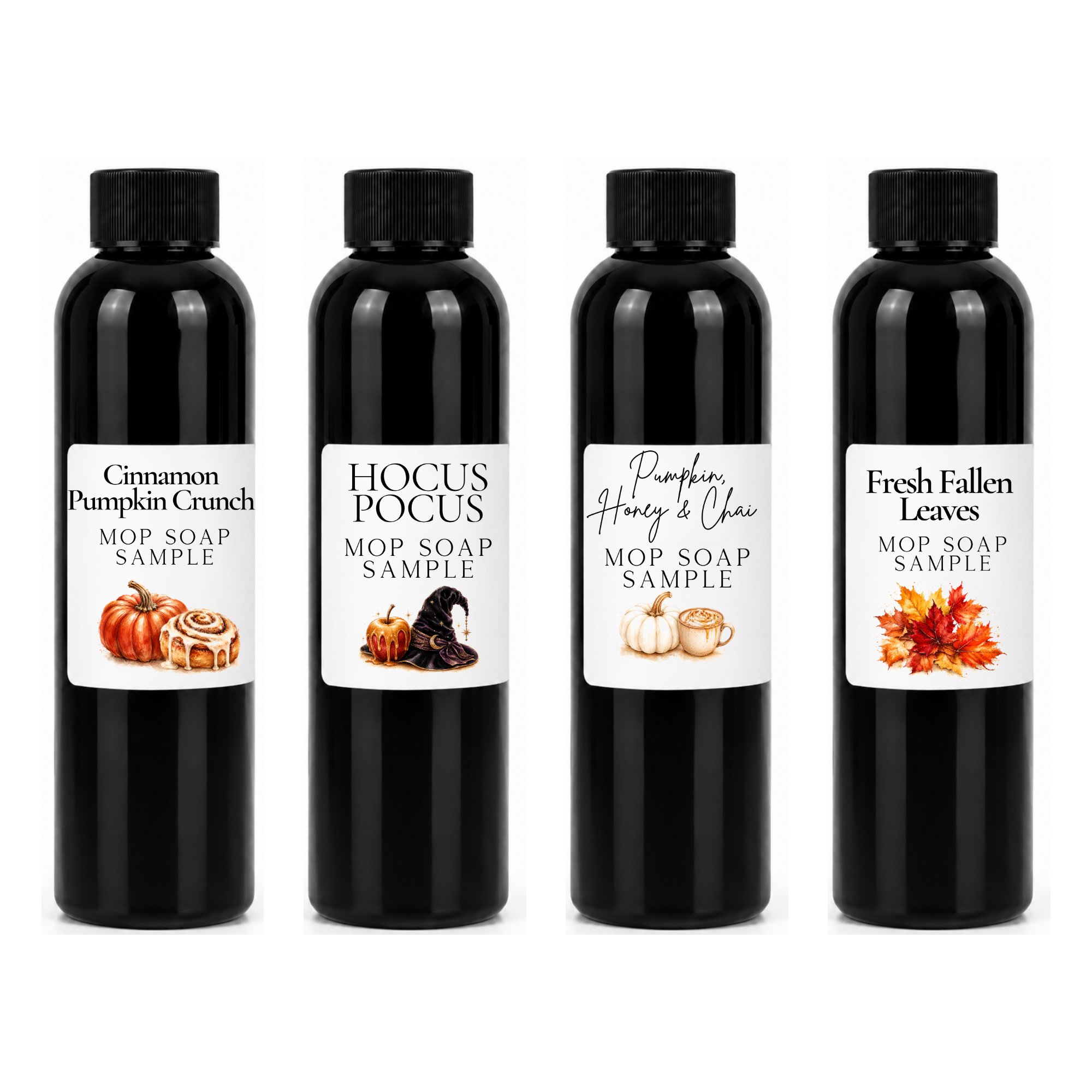 Fall Scented Mop Soap Sample Pack – 4 Mini Floor Cleaner Bottles (4oz Each) Cozy Autumn Multi-Surface Mop Soap Set