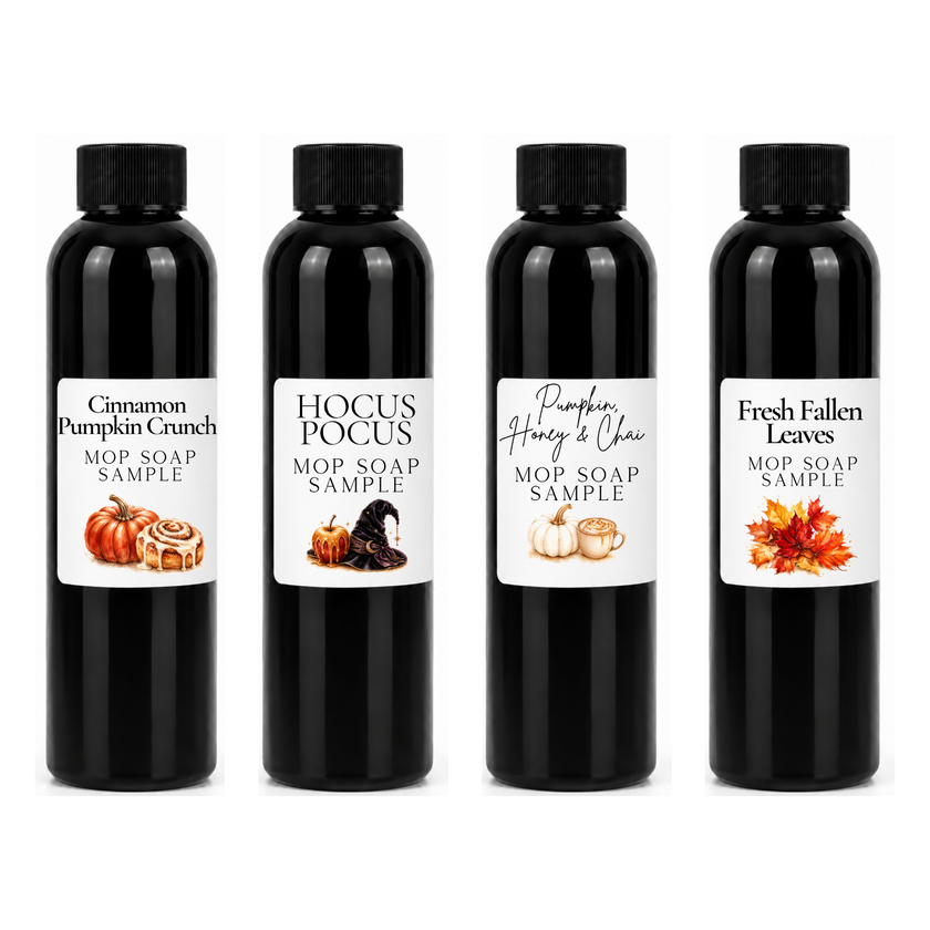 Fall Scented Mop Soap Sample Pack – 4 Mini Floor Cleaner Bottles (4oz Each) Cozy Autumn Multi-Surface Mop Soap Set