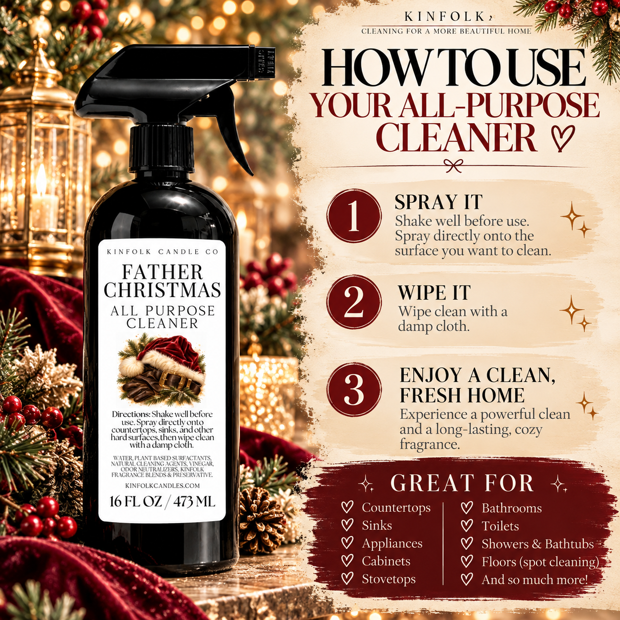 Holiday All-Purpose Cleaner | Scented Multi-Surface Cleaning Spray | 16 oz