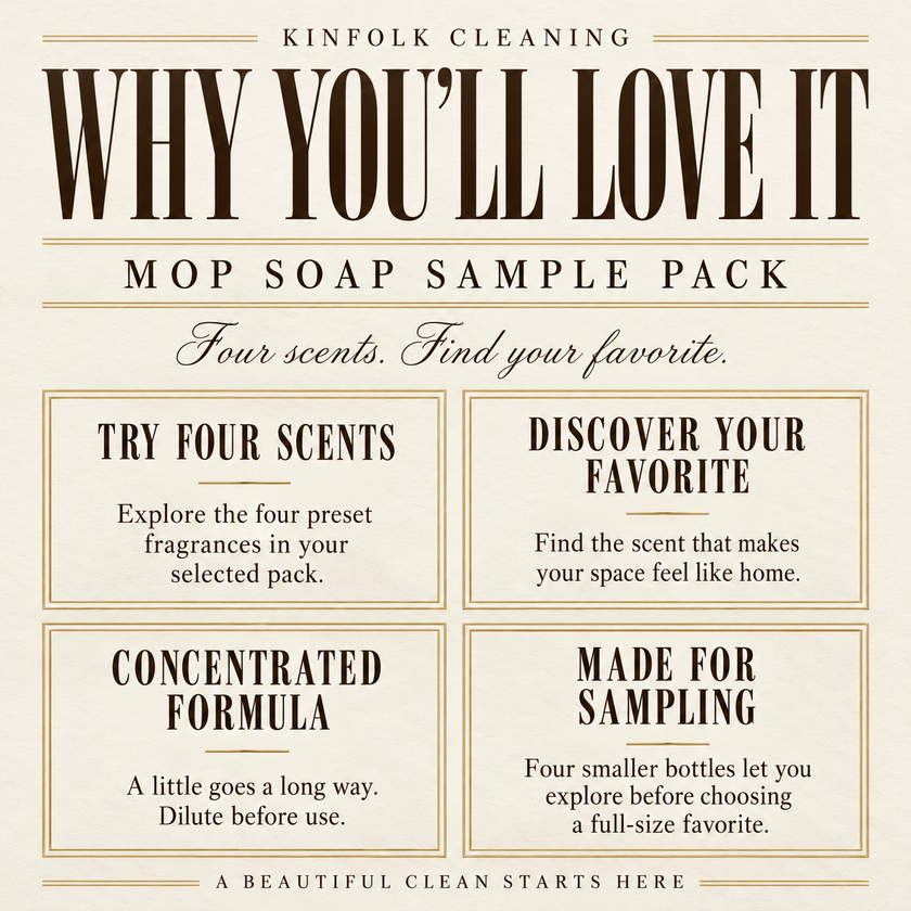 Classic Mop Soap Sample Pack – Cozy Clean Home Scents | Fresh Clean, Warm Vanilla, Fruity & Bakery Sample Set | Luxury Cleaning Gift Box