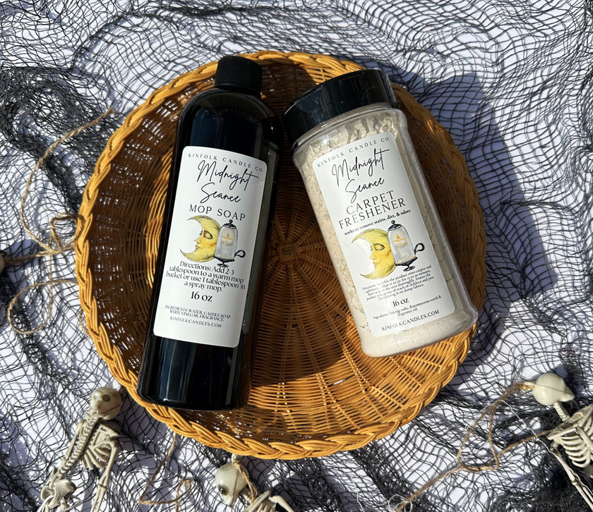 Halloween Cleaning Duo | Mop Soap + Carpet Freshener | Pumpkin Patch, Midnight Seance, Broomstick Ride & Hex That Mess | Limited Edition