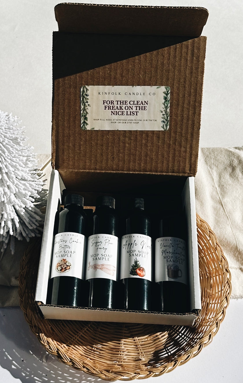 Holiday Mop Soap Sample Pack – Christmas Cleaning Scents | Cozy Winter Floor Cleaner Gift Set | Pine, Sugar Cookie, Vanilla & Frankincense