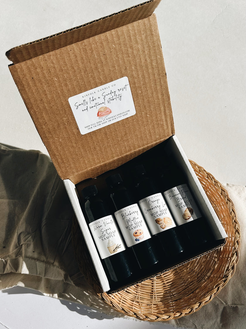 Classic Mop Soap Sample Pack – Cozy Clean Home Scents | Fresh Laundry, Warm Vanilla, Fruity & Bakery Sample Set | Luxury Cleaning Gift Box (Copy)